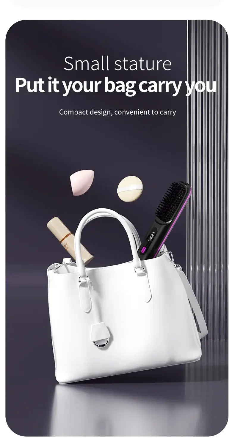 NUOYING S7 rechargeable hair straightening comb with compact design for travel and styling on-the-go.