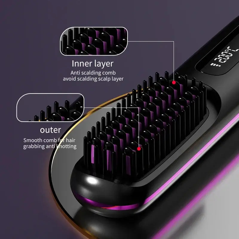 Close-up of NUOYING S7 rechargeable hair straightening comb showing anti-scalding design and smooth outer layer.