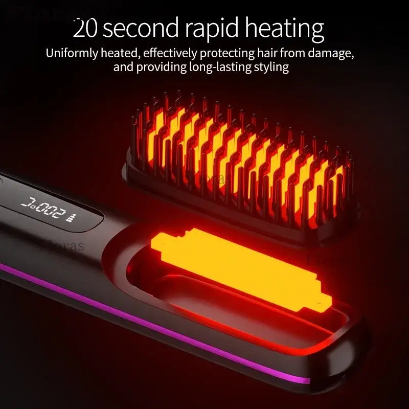 Electric LCD USB rechargeable hair straightening comb with rapid heating technology for effective styling.