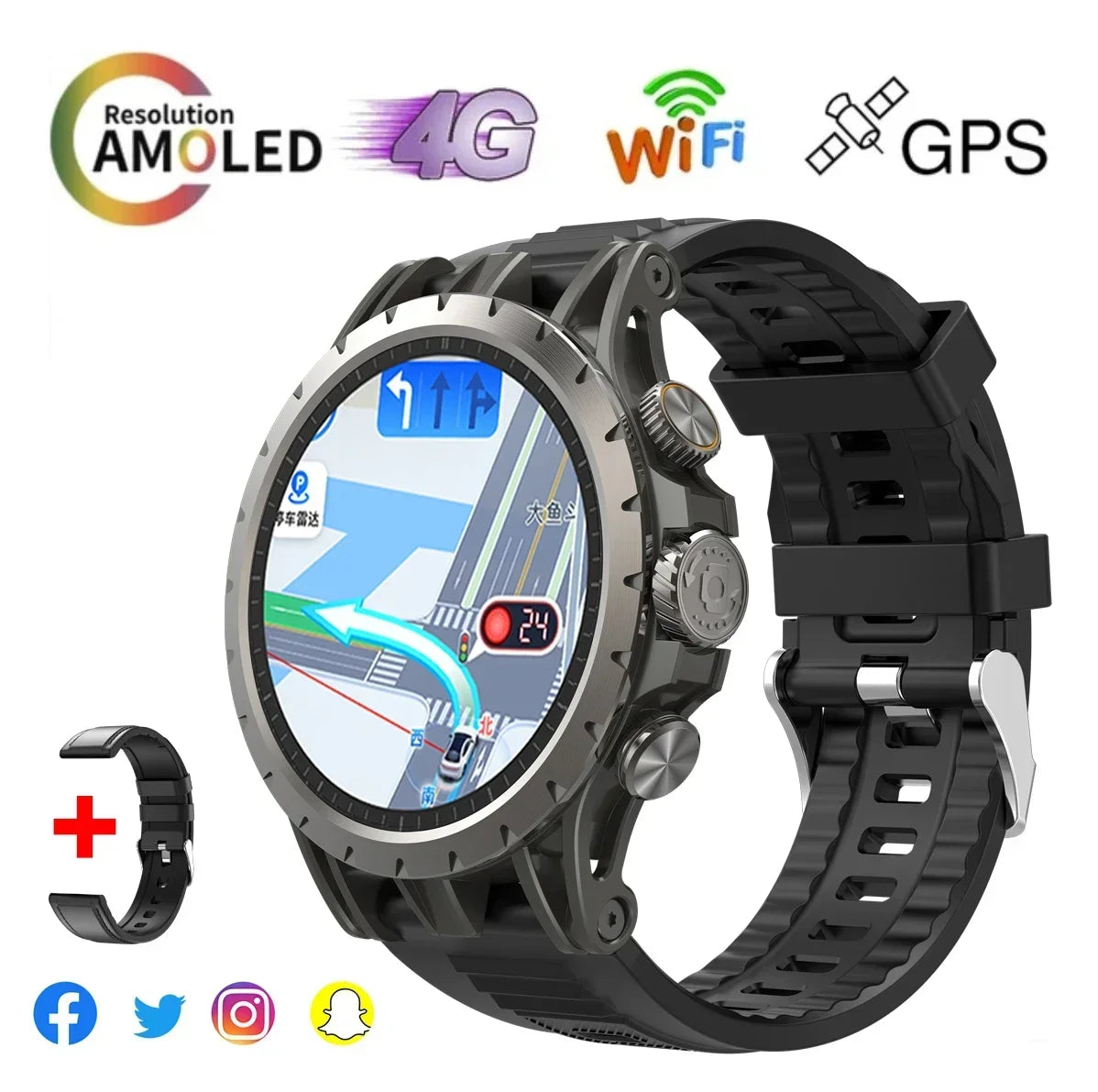 Montre intelligente 5G Android 9.0, écran AMOLED 1,43", GPS, WiFi, appel vidéo 5MP