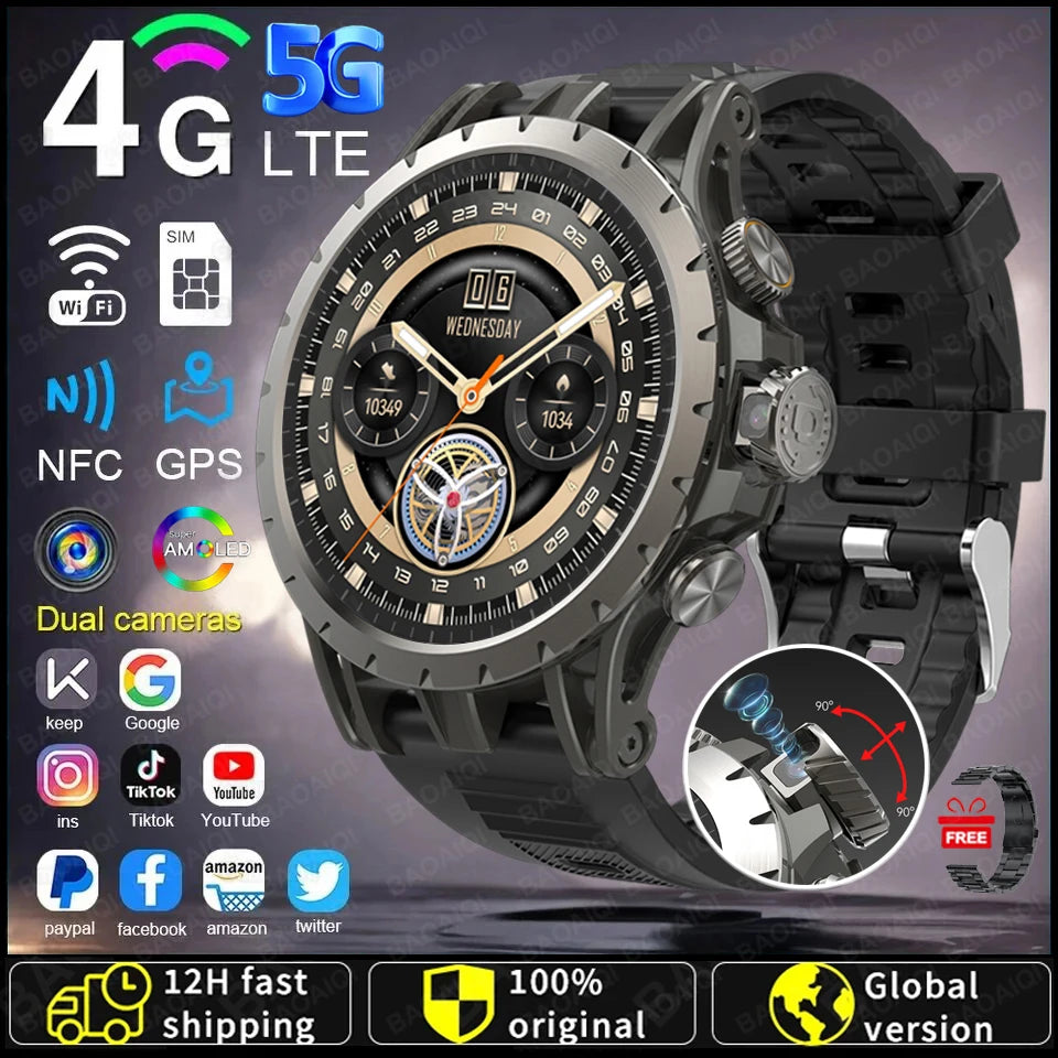 Montre intelligente 5G Android 9.0, écran AMOLED 1,43", GPS, WiFi, appel vidéo 5MP