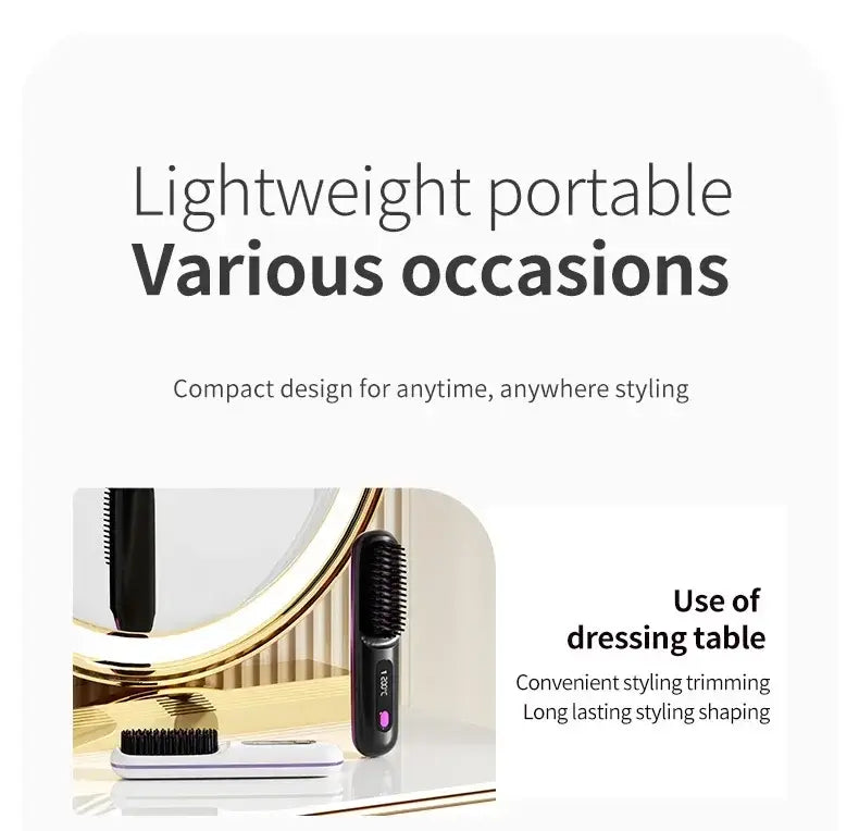 NUOYING S7 rechargeable hair straightening comb with compact design for travel and styling on-the-go.