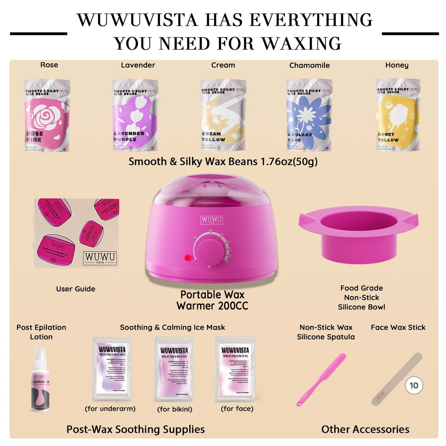 WUWUVISTA Waxing Kit 23 Items – Wax Warmer & Hair Removal Beads for Face, Body, Bikini & Sensitive Skin, US/EU Plug